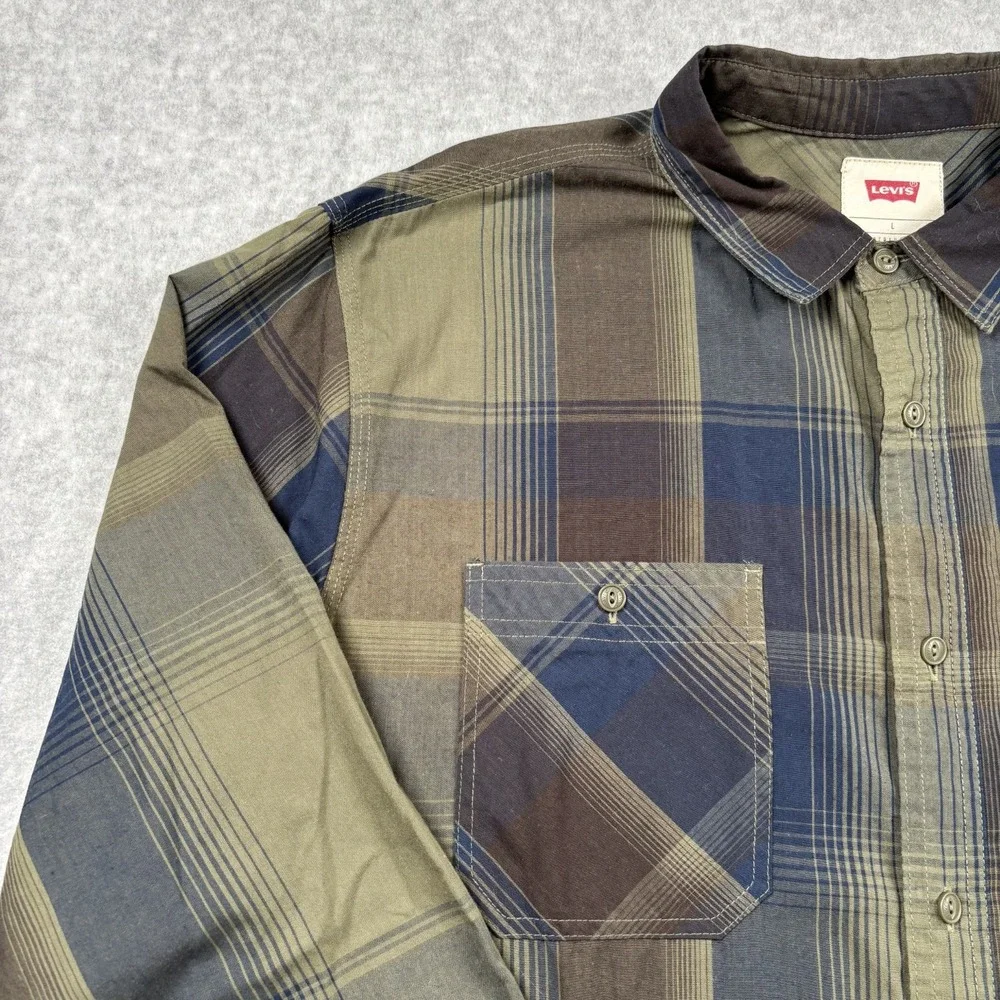 Levi's Men's Large Plaid Button Up Shirt Olive Green Navy Blue Cotton Blend